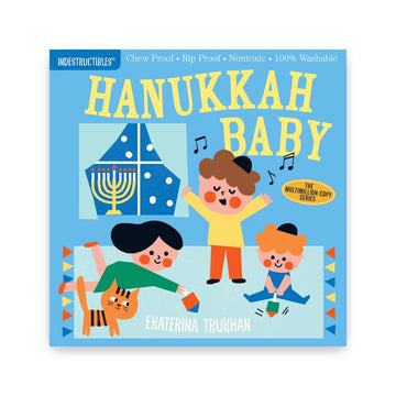 Book cover of 'Hanukkah Baby' with colorful illustrations and text on a blue background